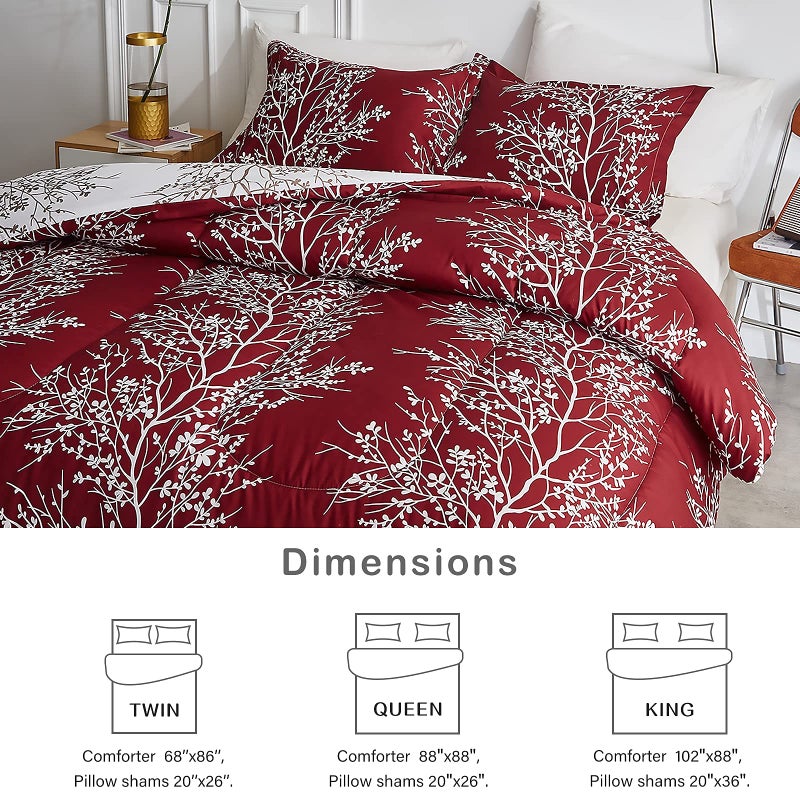 Flysheep Burgundy Red Botanical Christmas Comforter Set Queen Full Size, Red and White Tree Branch Floral Reversible 3 Piece Bedding Set, Ultra Soft Microfiber for All Season - Image 3